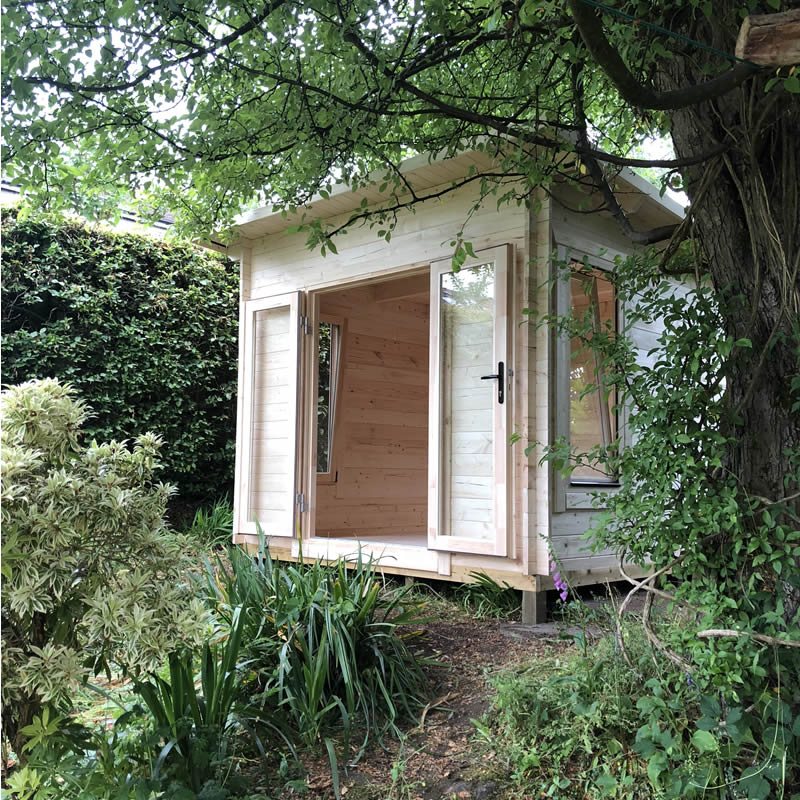 Small light timber log cabin with open double glass doors in a garden | Signature Garden Rooms, Central Scotland