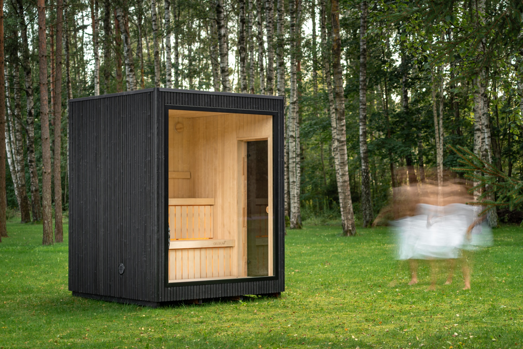 Ebony sauna with Harvia heater and mirror-door clear glass | Signature Garden Rooms