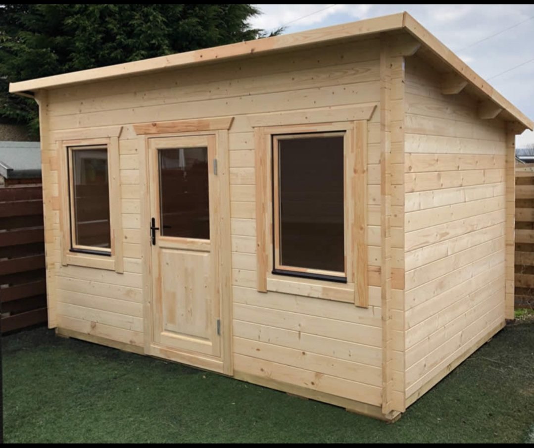 Small natural timber log cabin with a pent roof, single door, and two windows | Signature Garden Rooms, Central Scotland