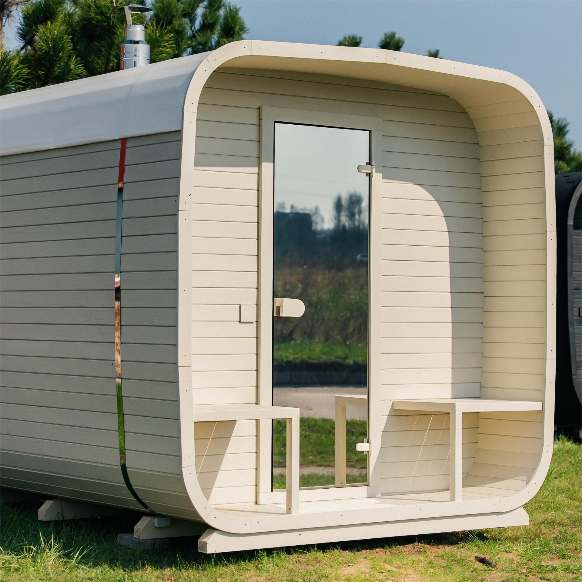 Ula L curved-corner cube sauna in beige cedar finish | Signature Garden Rooms Scotland