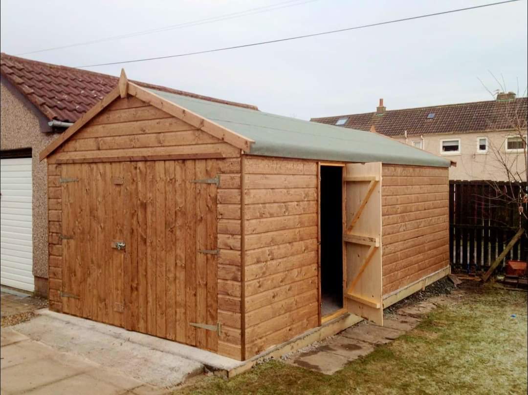 Large apex wooden garage with double front doors and open side door | Signature Garden Rooms, Central Scotland