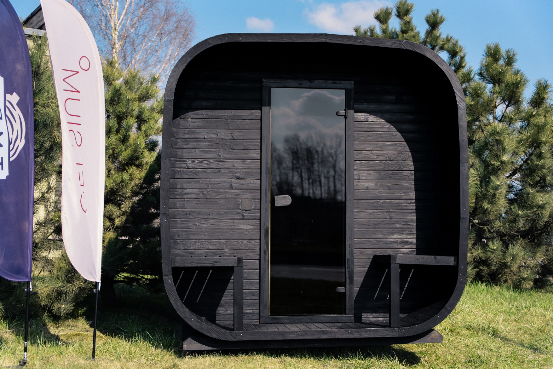 Ula L curved-corner cube sauna in ebony charred finish | Signature Garden Rooms Scotland