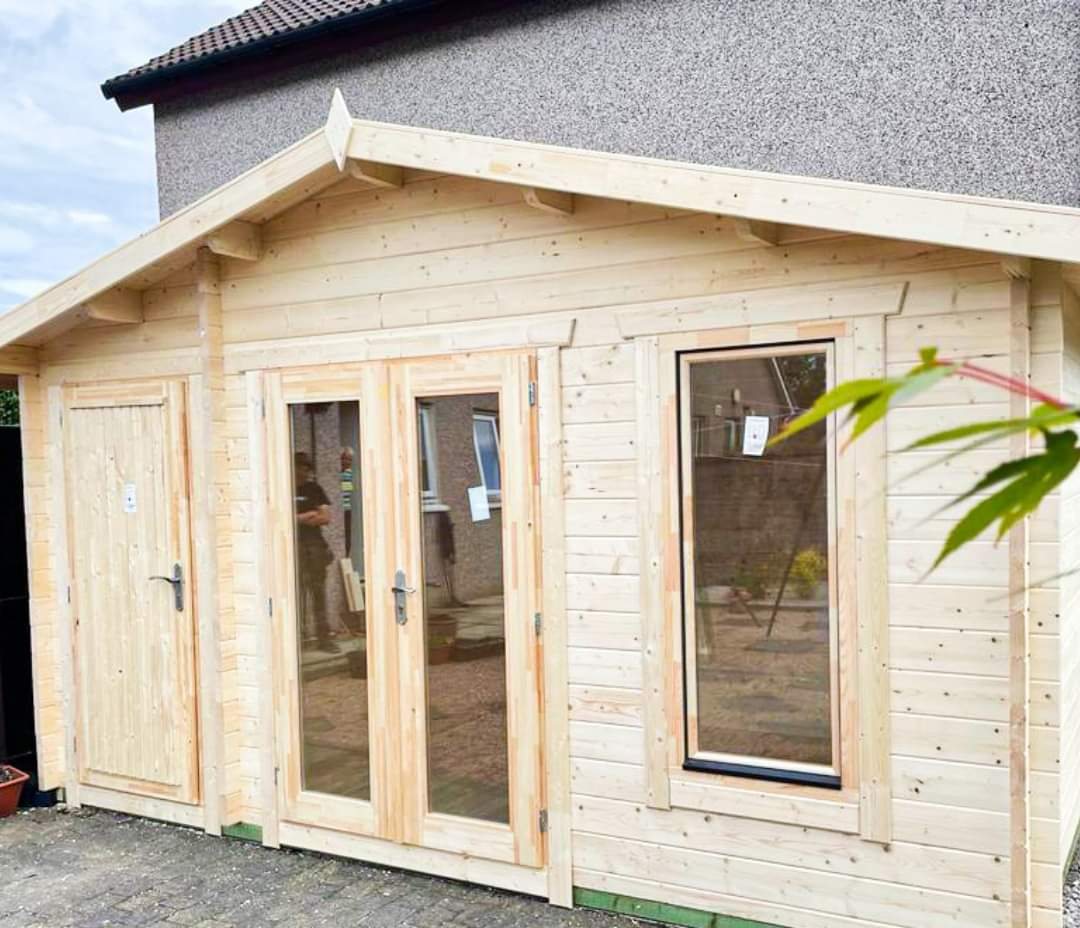 Apex light wood log cabin with double glass doors and window | Signature Garden Rooms, Central Scotland