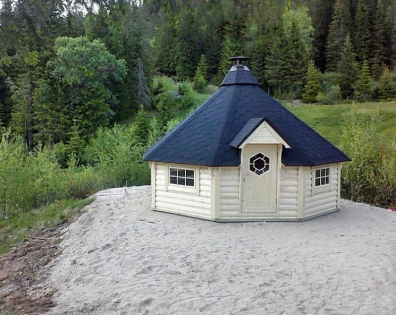 Traditional octagonal log BBQ hut with dark pitched roof surrounded by trees | Signature Garden Rooms, Central Scotland