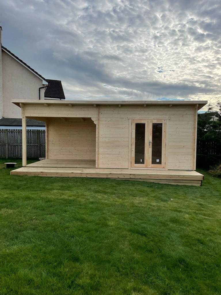 Light timber log cabin with double glazed doors and an open side canopy | Signature Garden Rooms, Central Scotland