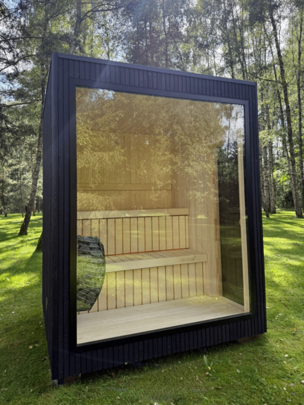 Jonas S compact barrel sauna in ebony finish | Signature Garden Rooms