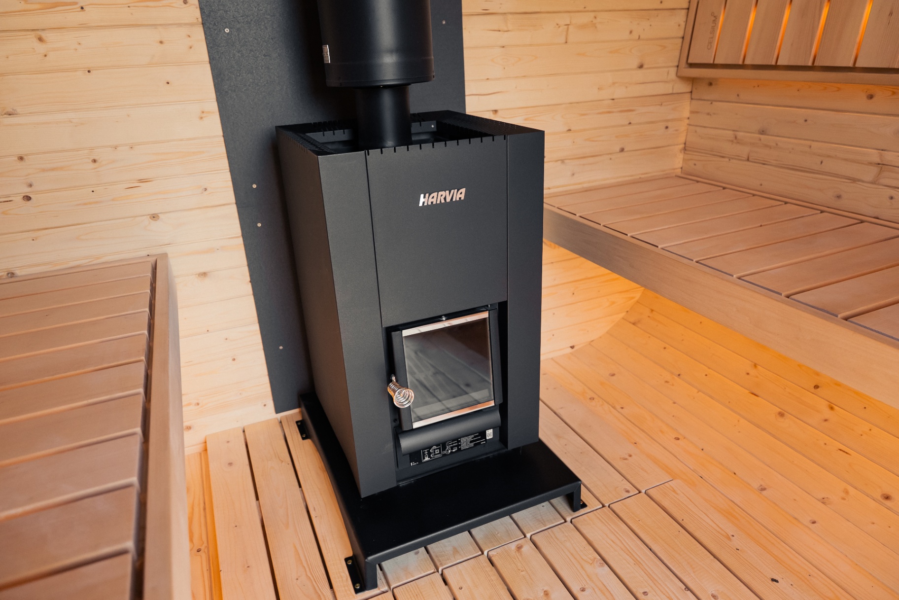 Ula L curved-corner cube sauna in ebony charred finish | Signature Garden Rooms Scotland