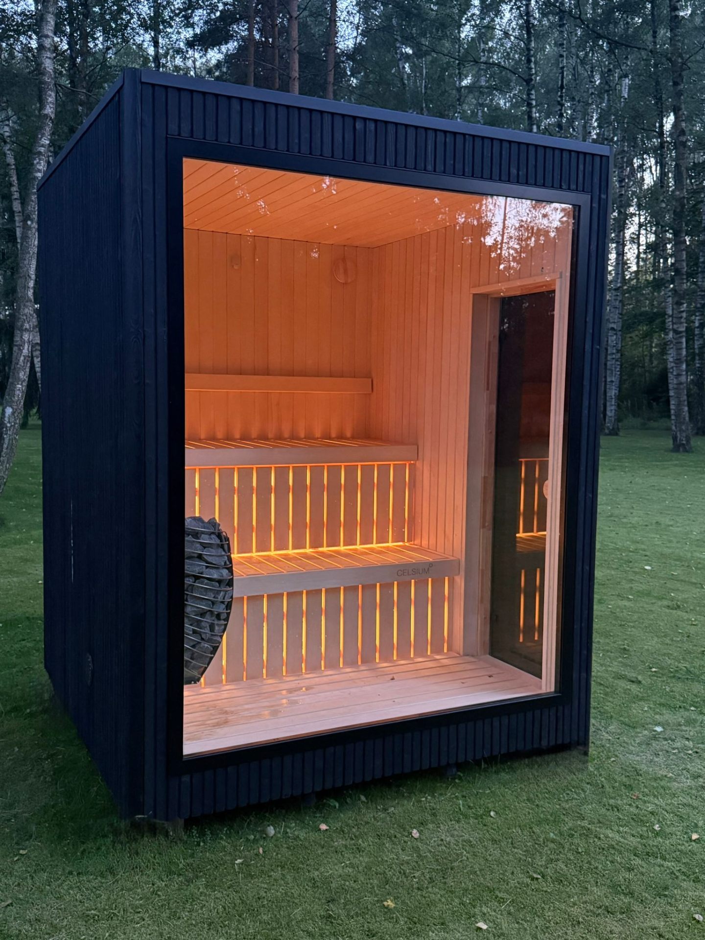 Jonas S compact barrel sauna in ebony finish | Signature Garden Rooms
