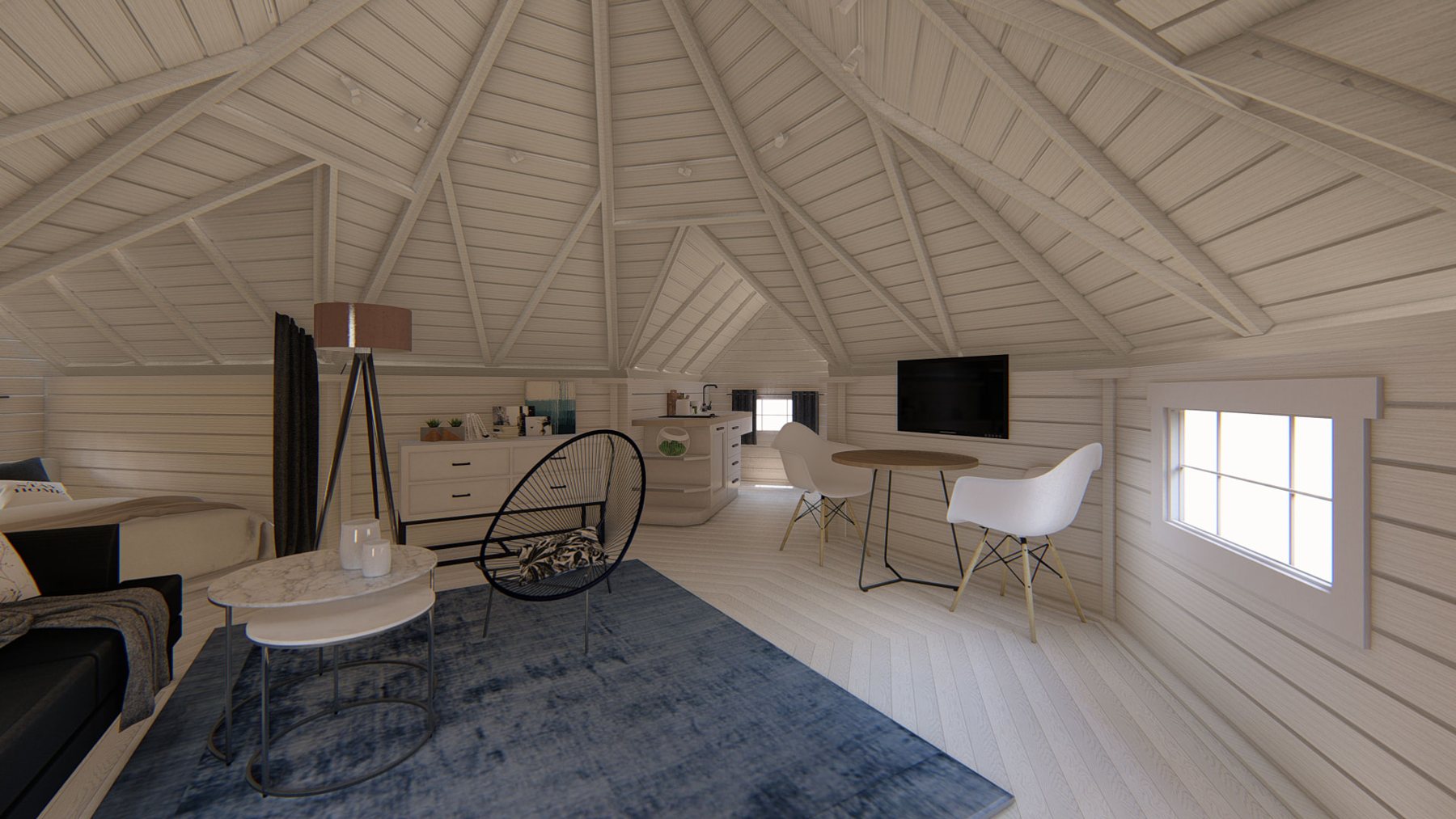 White painted timber cabin interior with vaulted ceiling, seating area, and modern furniture | Signature Garden Rooms, Central Scotland