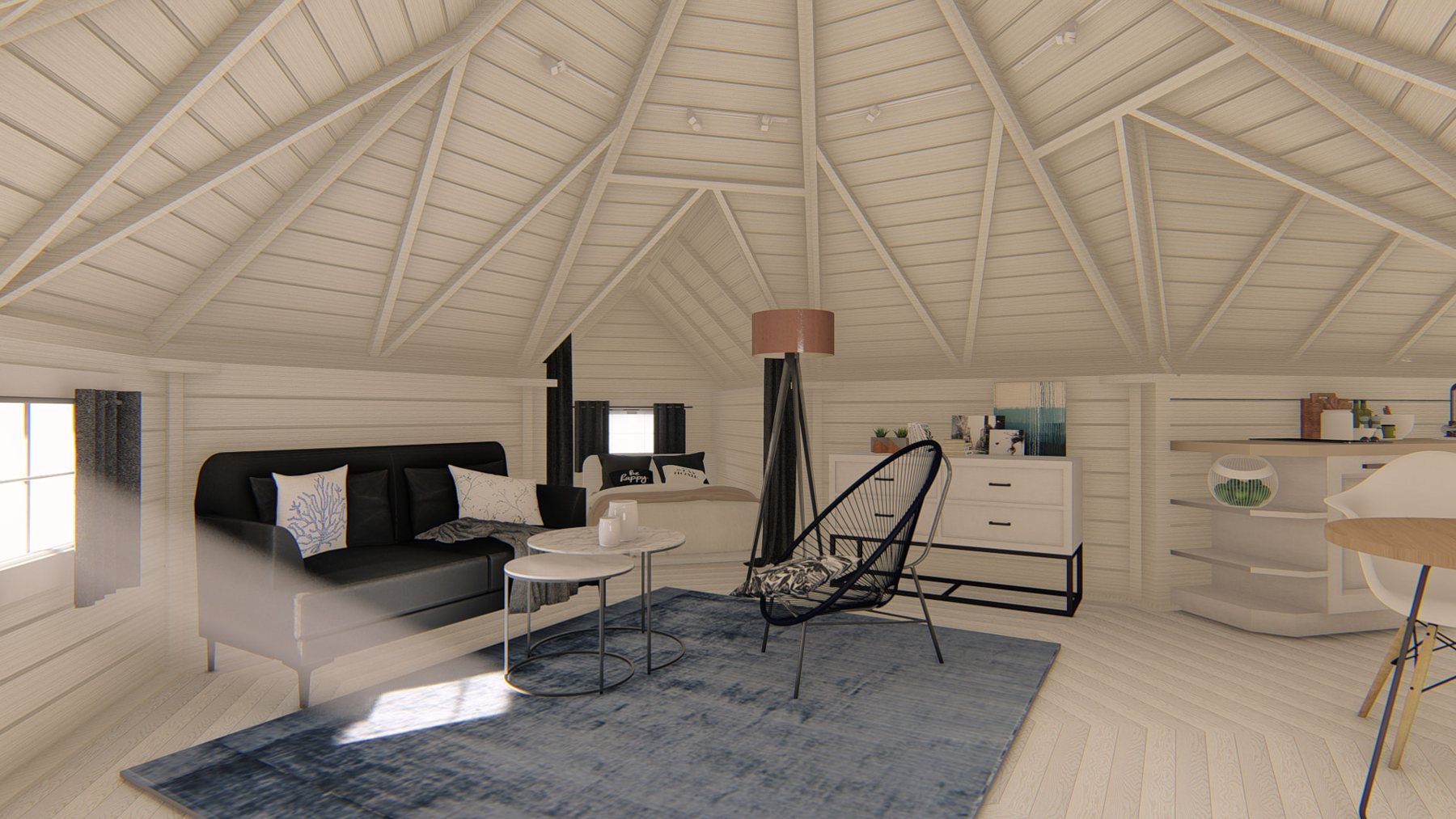 Interior view of a modern furnished white timber log cabin living space | Signature Garden Rooms, Central Scotland