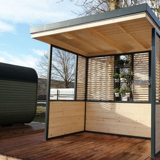A modern open wooden gazebo structure with slatted timber walls on decking | Signature Garden Rooms, Central Scotland