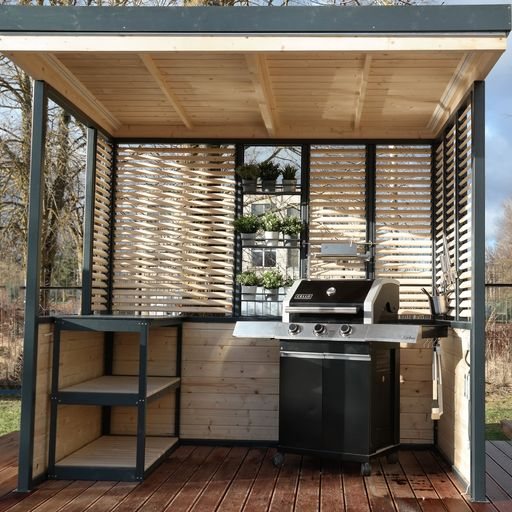Modern wooden outdoor kitchen canopy shelter featuring a black gas barbecue grill | Signature Garden Rooms, Central Scotland