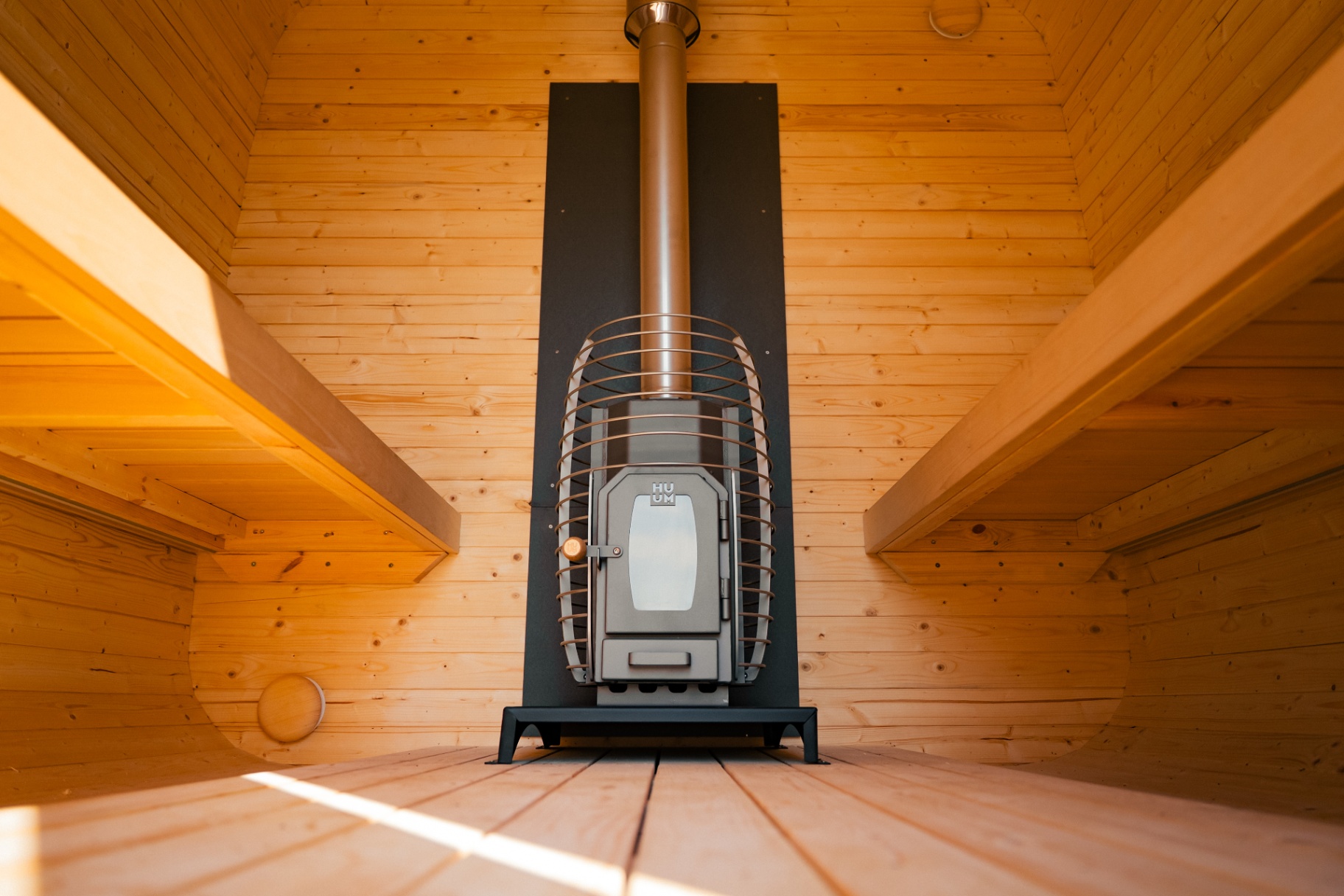 Ula L curved-corner cube sauna in beige cedar finish | Signature Garden Rooms Scotland