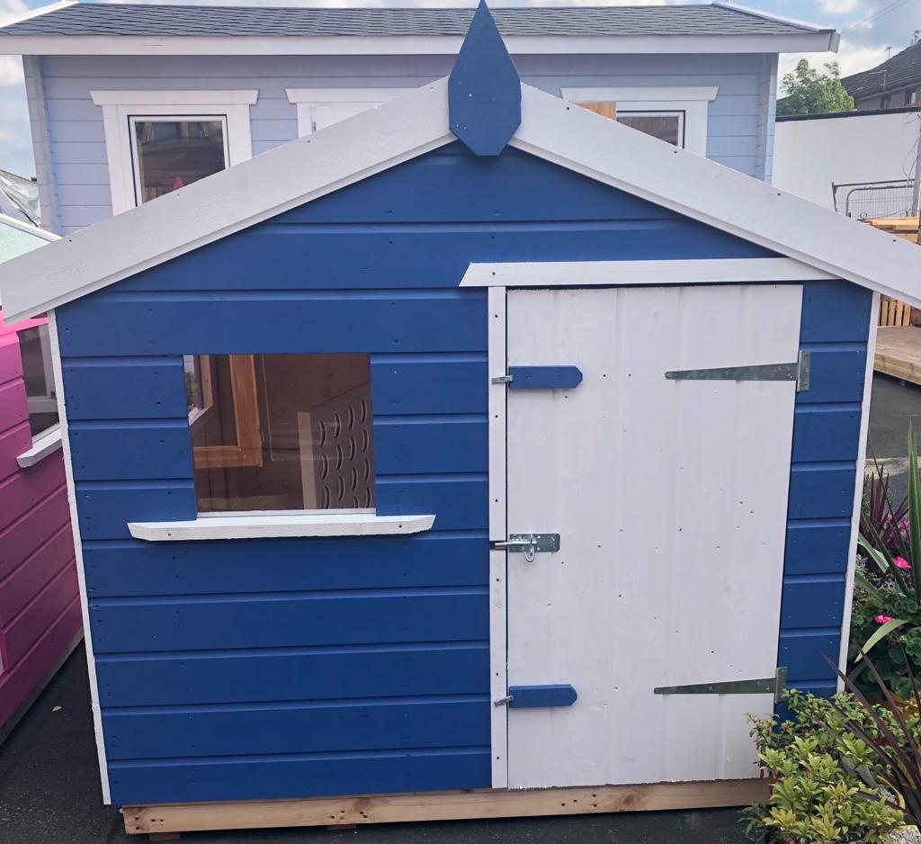 Small blue and white wooden children's playhouse with a single window and door | Signature Garden Rooms, Central Scotland