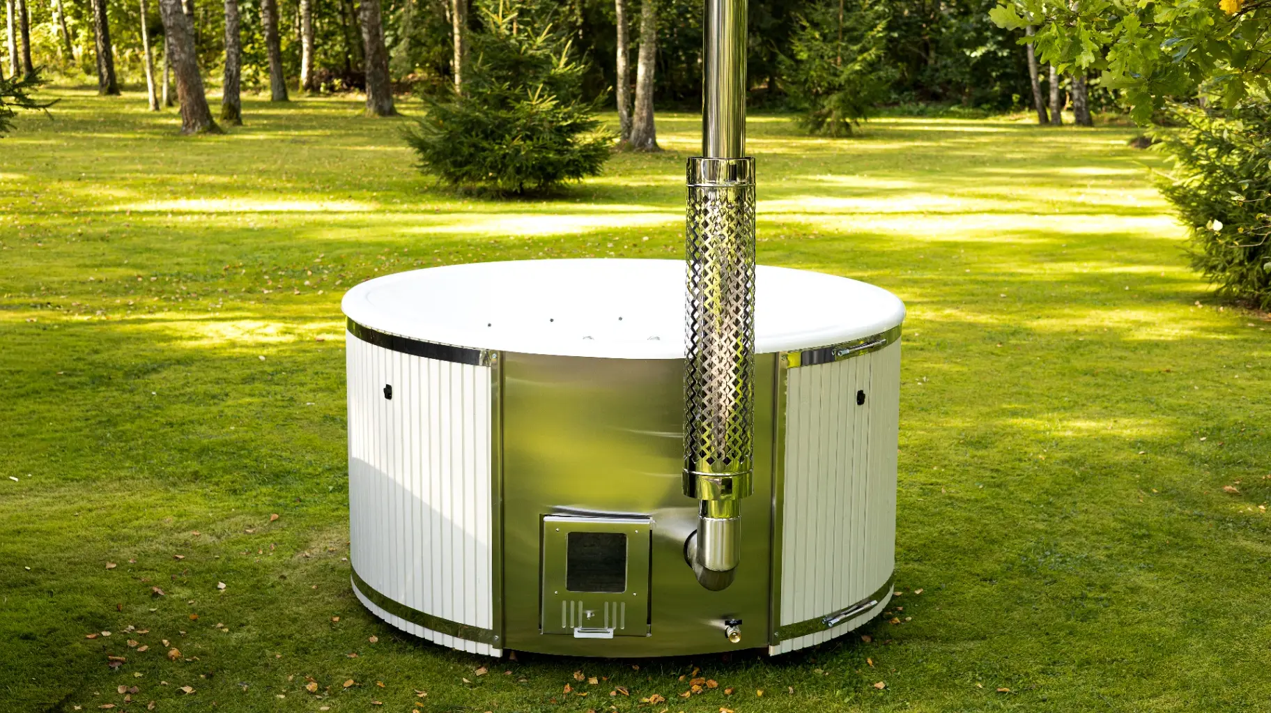 White cedar wood-fired hot tub with external log-burning stove