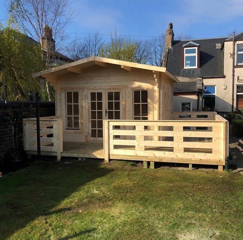 Light wood log cabin with front porch decking and glazed double doors | Signature Garden Rooms, Central Scotland