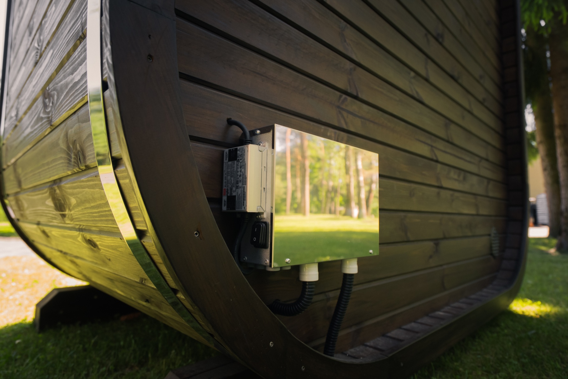 Ula Mini curved cube sauna in teak finish | Signature Garden Rooms