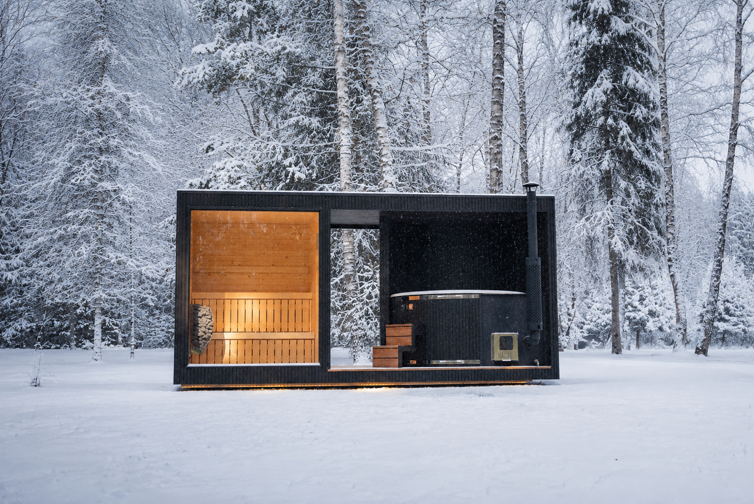 Tauras Grand Ebony sauna and wood-fired hot tub in deep snow, a Signature Garden Rooms installation photographed in winter.
