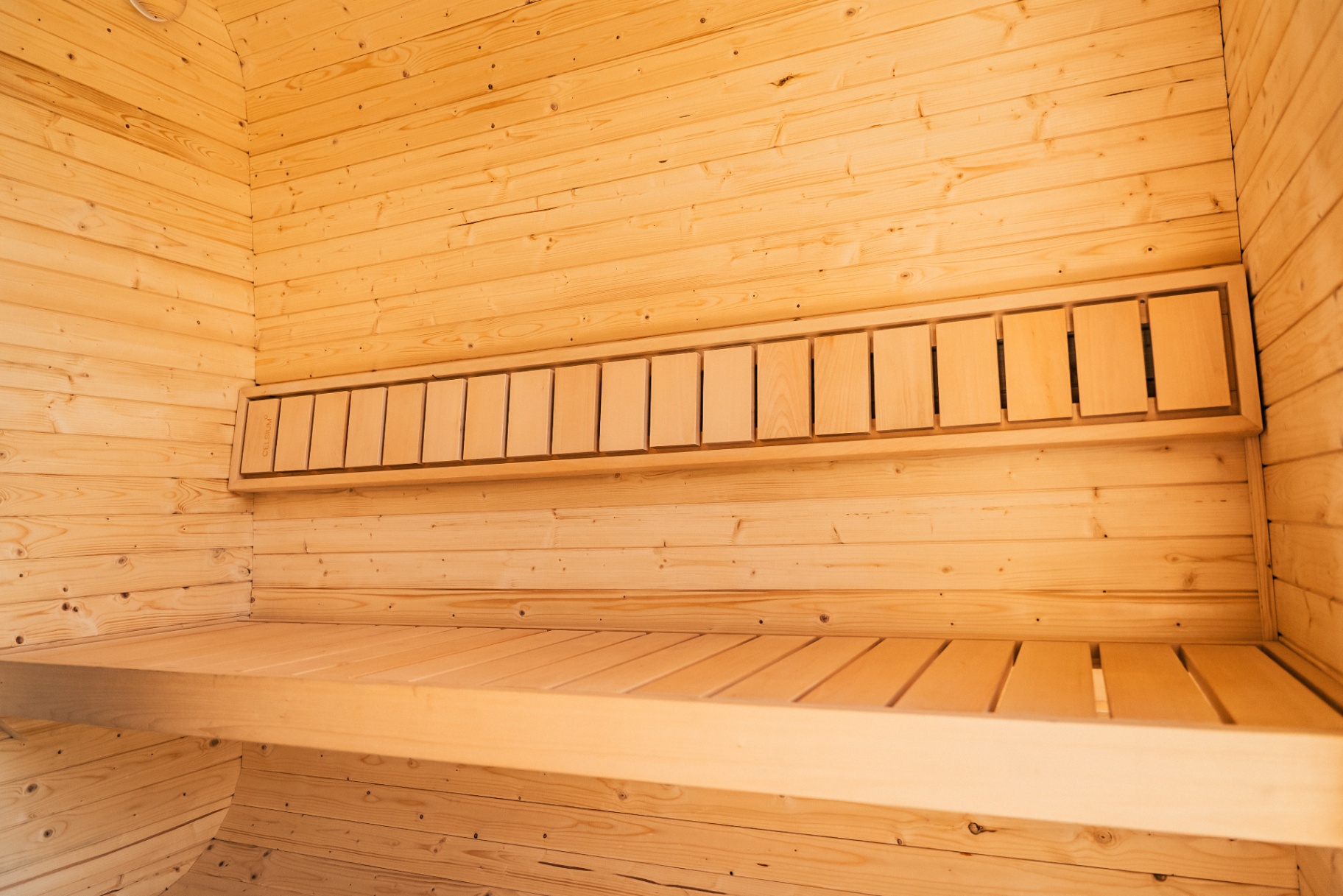 Ula L curved-corner cube sauna in beige cedar finish | Signature Garden Rooms Scotland