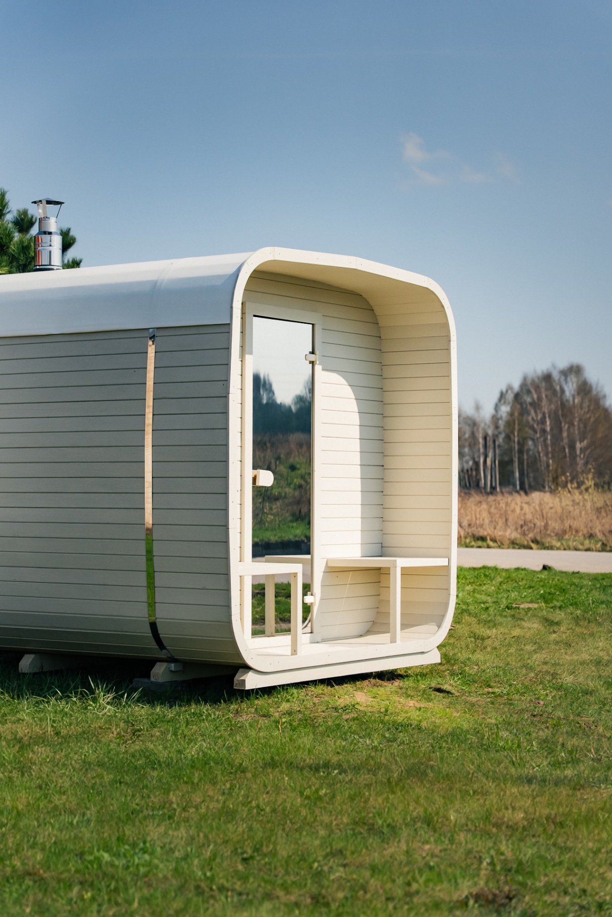 Ula L curved-corner cube sauna in beige cedar finish | Signature Garden Rooms Scotland